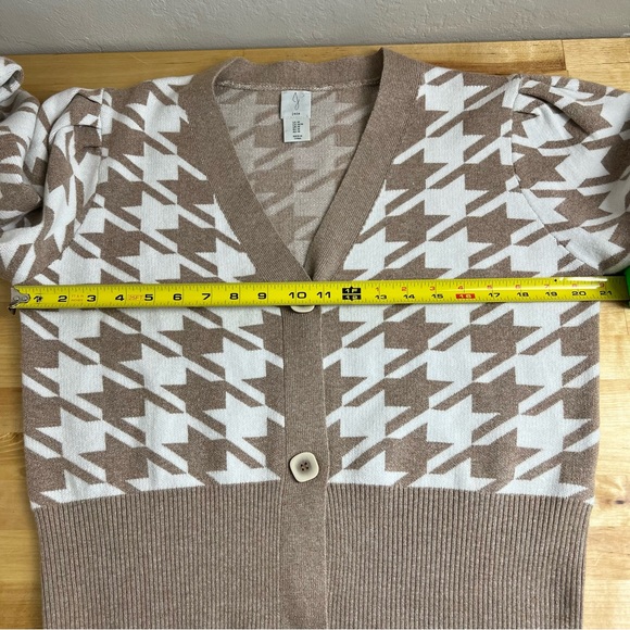 Joie Houndstooth Light Brown Puff Sleeve Cardigan Sweater Womens Size Medium - Picture 7 of 8